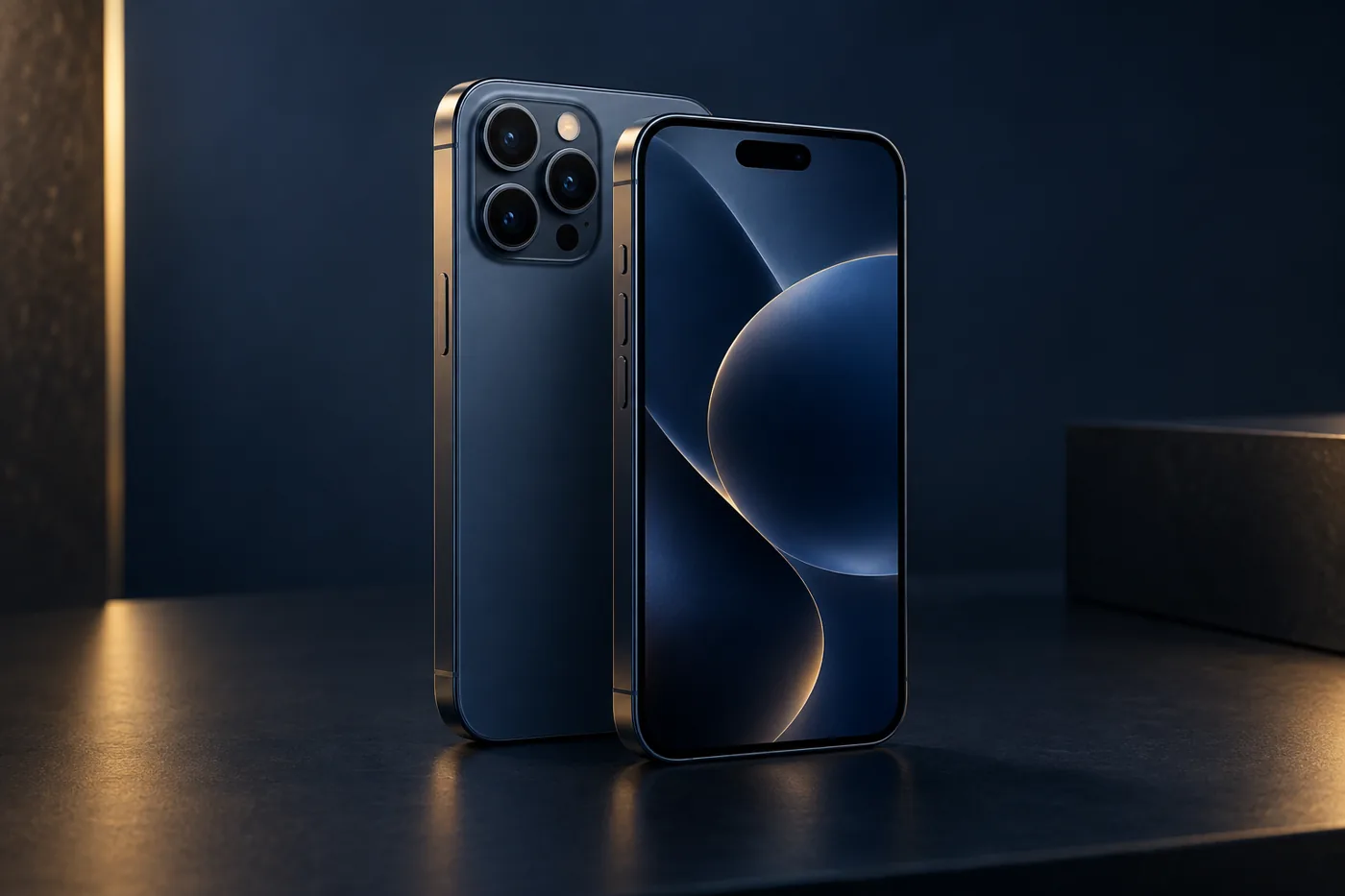 Imagen ilustrativa de un smartphone moderno, de frente y de atrás, en azul y dorado