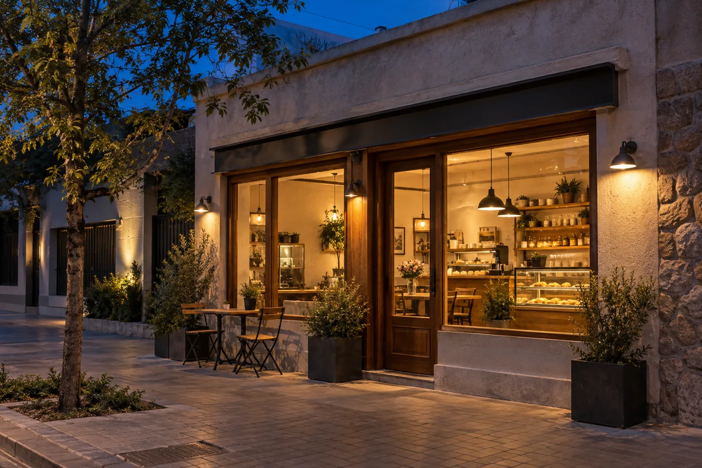 Comercio con vidriera iluminada