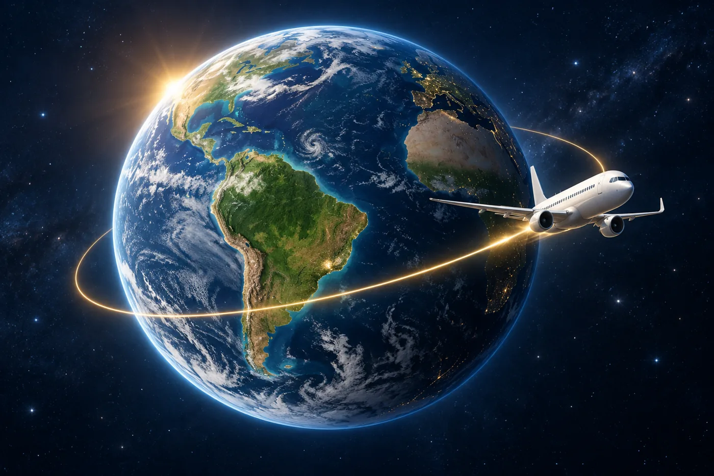 Ilustración del mundo con un avión de pasajeros y una ruta de viaje luminosa